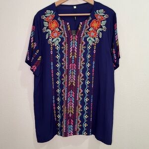 AK Embroidered Short Sleeve Tunic Blouse - Blue/Multicolored